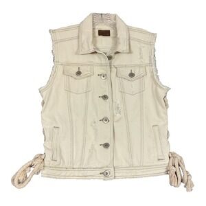 POL Beige Rope Accent Distressed Denim Vest Women's Sz M Hippie Boho Festival
